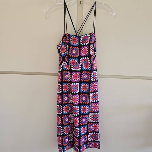 Anthropologie Crochet Look Granny Square Blk Prpl/Blu/Pink Dress, NWT, Sz. 0 - Picture 5 of 10